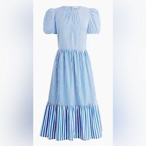 J Crew Factory cotton blend poplin puff sleeve tiered midi dress